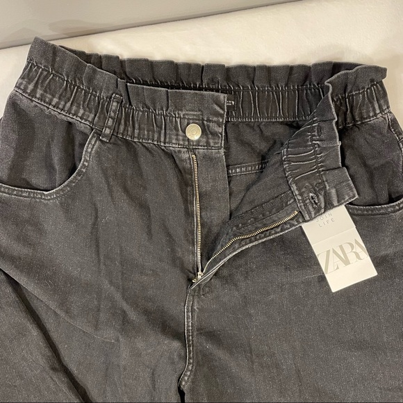 NWT Zara Black Elastic Paper Bag Waist Ultra High Rise 100% Cotton Jeans Size XL - Picture 7 of 16